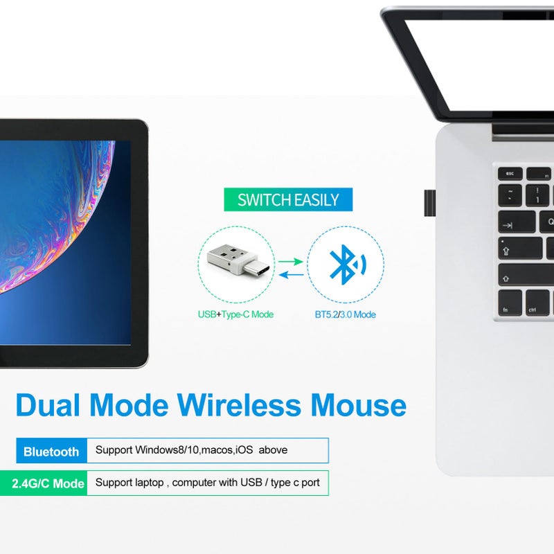 KLO 4 Modes Rechargeable Bluetooth Mouse BT3.0/5.2+USB-2.4G/Type-C,Wireless Mouse for MacBook pro/MacBook air/Laptop/iMac/ipad/Notebook/pc (BT/USB-C Silver) - Image 2